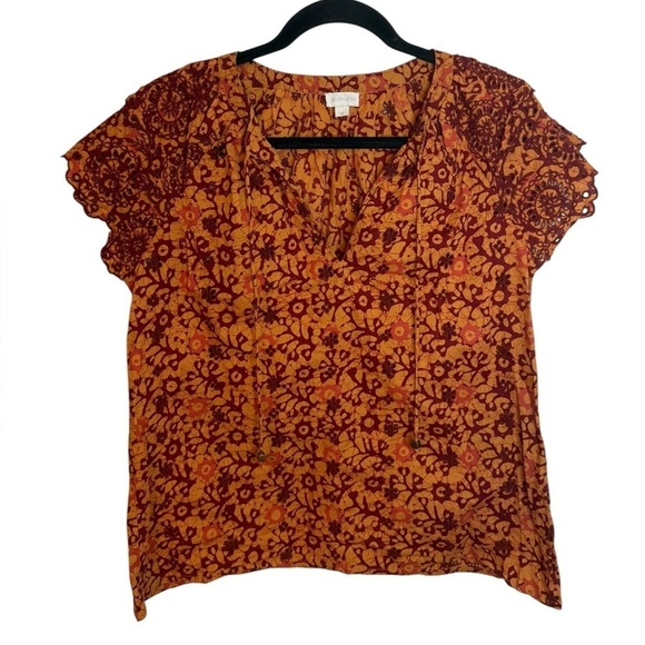 Jennifer & Grace Tops - Jennifer & Grace Orange and Maroon Eyelet Flutter Sleeve Boho Blouse
